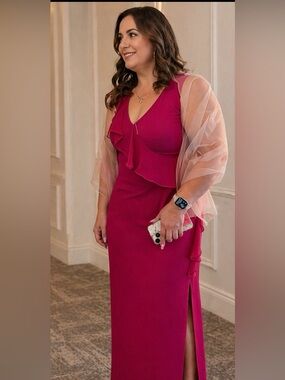 Connected Apparel Fuchsia V-Neck Maxi Dress with Ruffle Detail from Macy’s